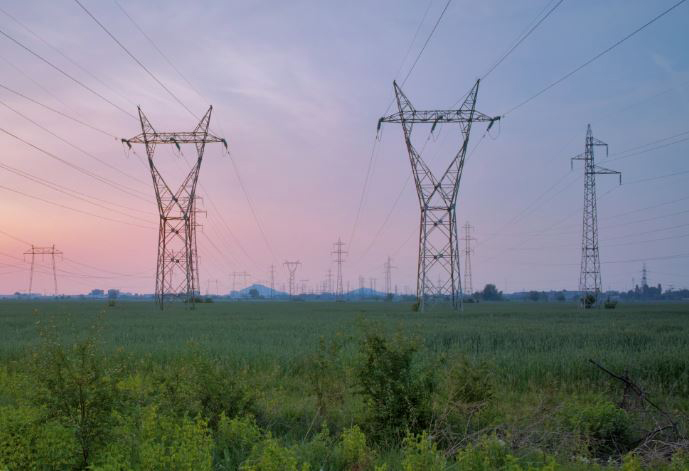 Eletricity lines at dusk in field going off into the distance