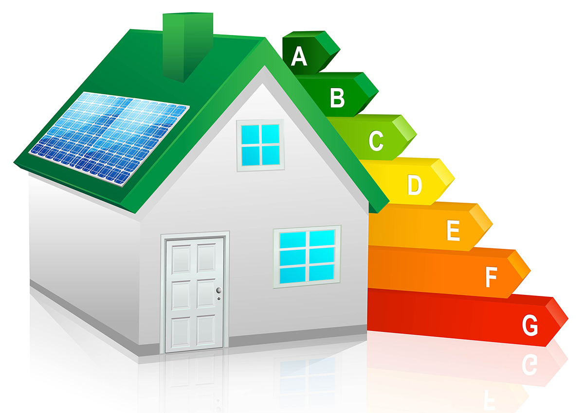 Image of house with solar panels and energy rating arrows