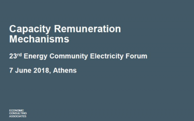 Capacity Remuneration Mechanisms’. Presented at the 23rd Energy Community Electricity Forum, in Athens, Greece, June 2018.