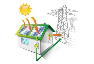 illustration of a house equipped for solar energy for electricity - providing electricity to the national grid