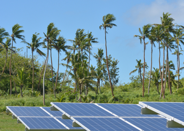 Solar panels against a backdrop of palm trees and a blue sky in Fiji.