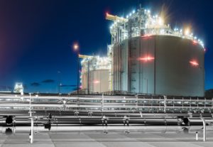 Night time shot of LNG terminal with gas pipelines