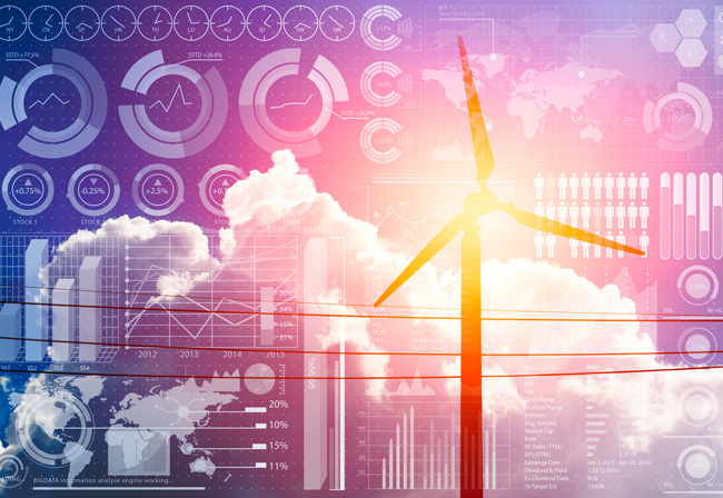 Future of power and technology, wind turbine with business information
