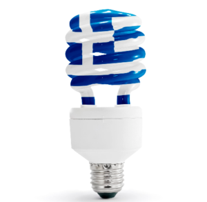 Greek flag with energy saving lamp on white background
