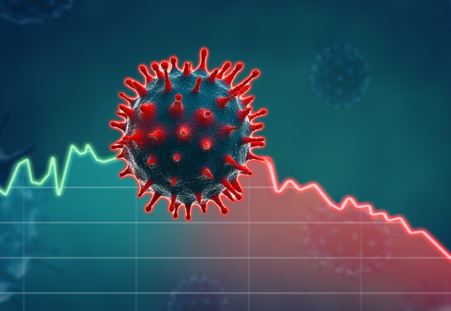 Image of a coronavirus, blue ball with red spikey prongs, floating in front of a blue and red graph illustration