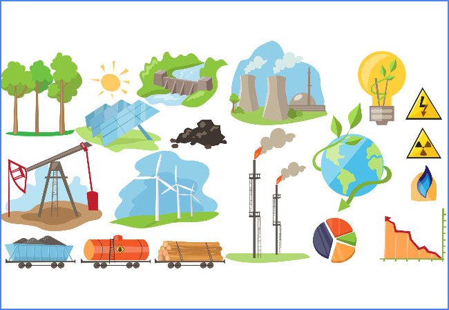 illustrated images of types of energy - wind, solar, fossil fuels, gas and mining