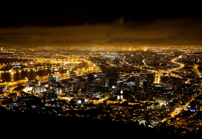 Cape Town at night with electric lighting