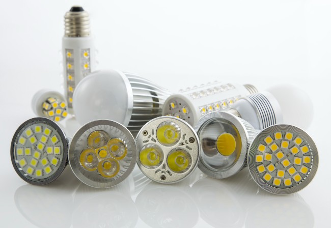 selection of LED light bulbs on white backdrop