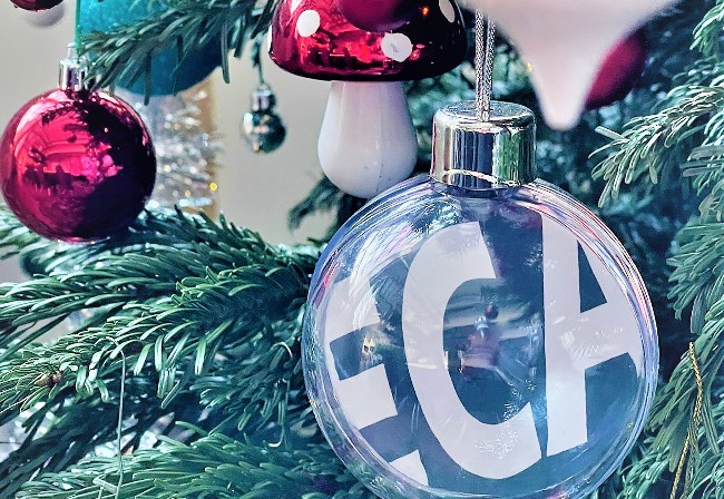 ECA Christmas bauble on tree with other christmas tree decorations